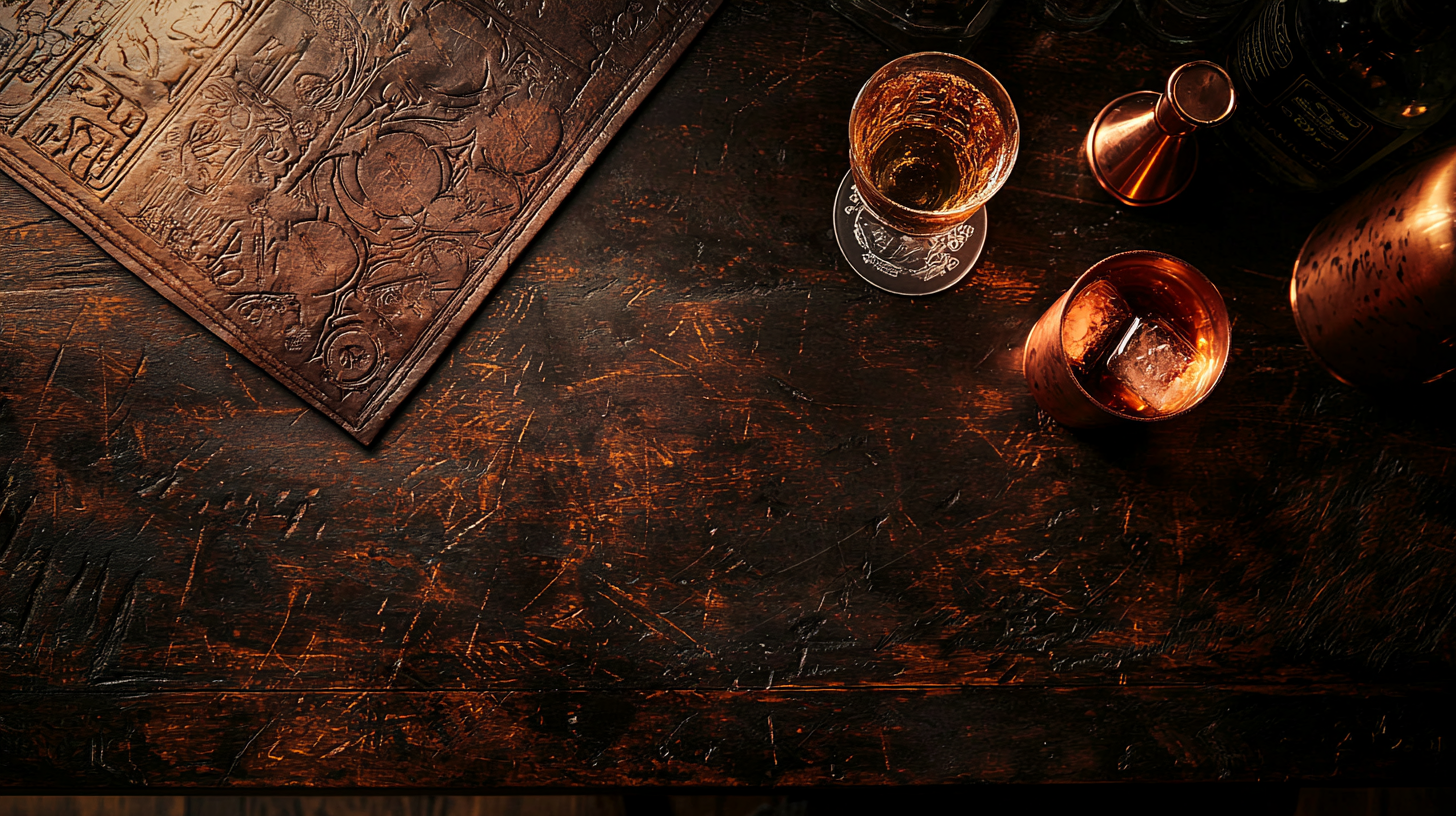 Overhead view of dark wood bar top with copper jigger