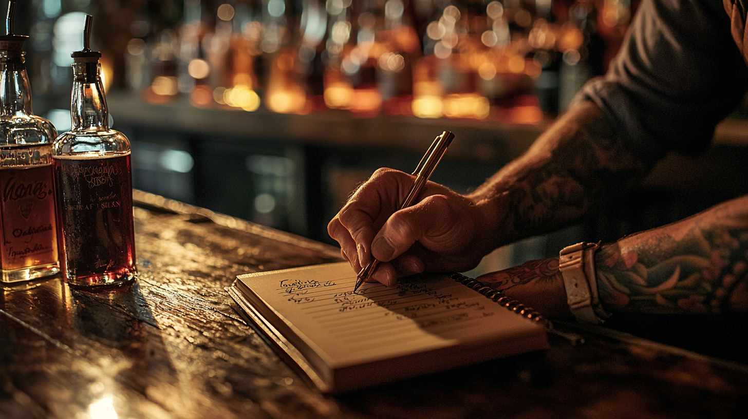 Bartender writing inventory counts in a notebook at the bar