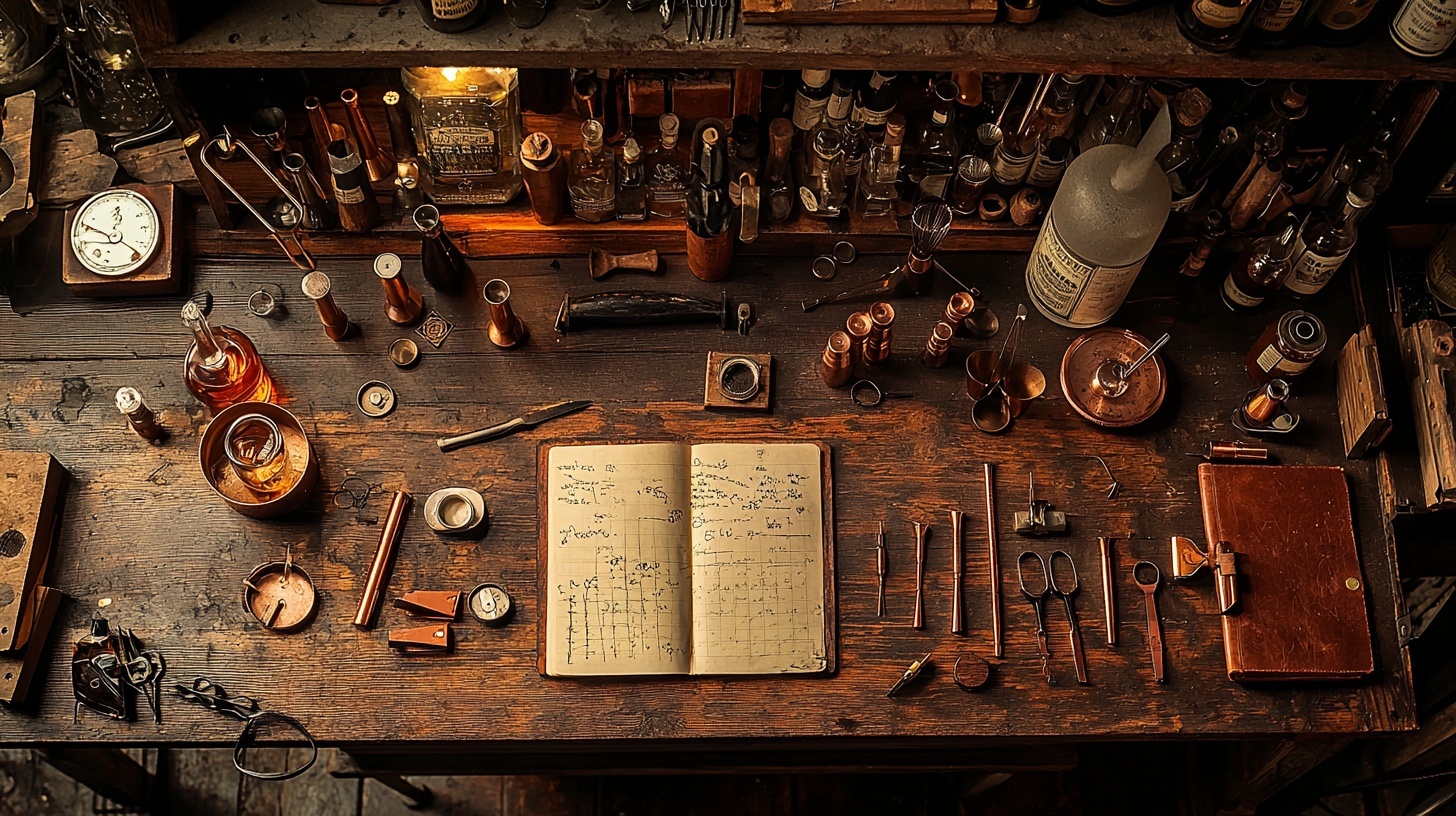 Craftsman workbench with bar tools, jiggers, and vintage measuring instruments